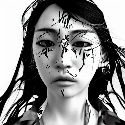 Prompt: yoshitaka amano realistic photo of an anime girl with black eyes, wavy white hair and cracks on her face wearing dress suit with tie fluttering in the wind, abstract black and white patterns on the background, cross earring, noisy film grain effect, highly detailed, closeup portrait shot, weird portrait angle