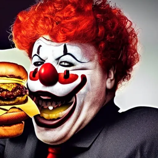 Image similar to evil fat clown eating hamburger