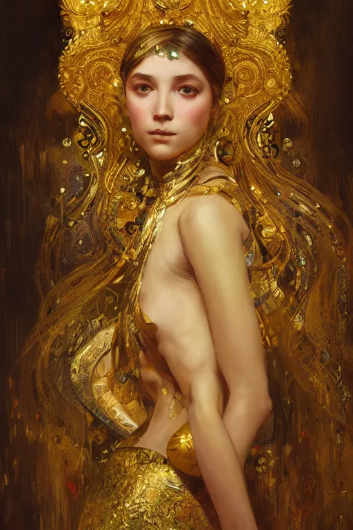 Image similar to an intricate artistic pose painting of a beautiful young girl with an artistic pose with klimt golden motives and textures, hyper detailed, ornamental gold headpiece, octane render, vivid colors, artstation, by jeremy mann, by alphonse mucha, by boris vallejo