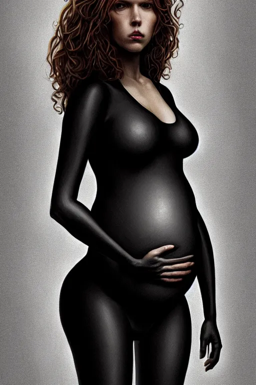 Image similar to pregnant black widow, realistic portrait annie leibovitz photography, symmetrical, highly detailed, digital painting, artstation, concept art, smooth, sharp focus, illustration, cinematic lighting