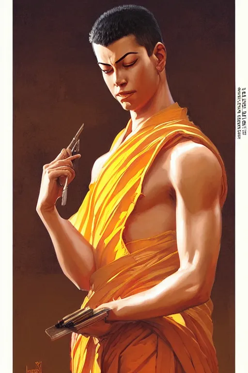 Image similar to buddhism, guard, male, painting by greg rutkowski, j. c. leyendecker, artgerm