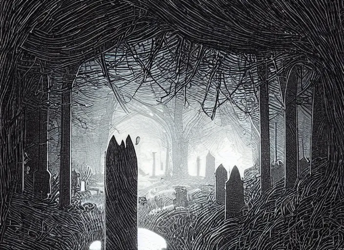 Image similar to woodcut print, ghost in graveyard at midnight by greg rutkowski