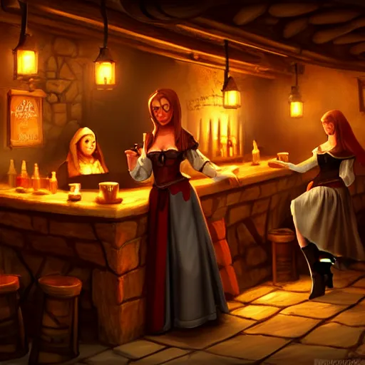 Image similar to medieval tavern with barmaid and patrons, deviantart, artstation, fantasy