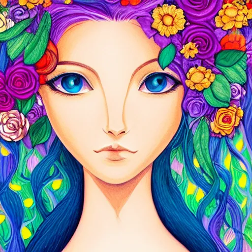 Prompt: beautiful portrait of a women by jeremiah ketner, flowers, detailed, texture hair,