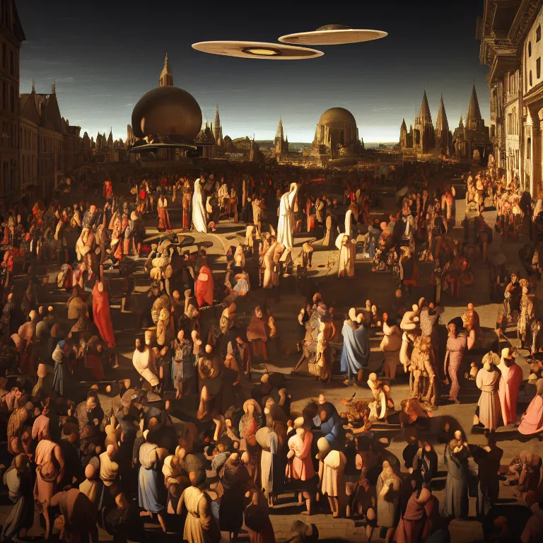 Prompt: crowd of medieval people surrounding UFO flying saucer, dream-like atmosphere, symmetrical baroque painting, perfect composition, beautiful detailed intricate insanely detailed octane render trending on Artstation, 8K artistic photography, photorealistic, soft natural volumetric cinematic perfect light, chiaroscuro, award-winning photograph, masterpiece, Raphael, Caravaggio, Greg Rutkowski, Beeple