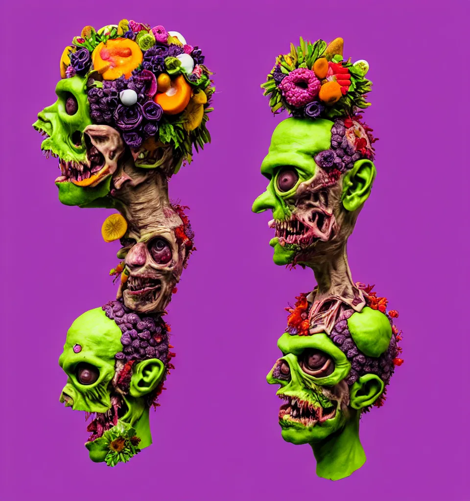 Image similar to portrait headshot of a zombie punk, head made of fruit and flowers in the style of arcimboldo, photorealistic, dynamic lighting, action figure, clay sculpture, claymation, soft pink and purple background