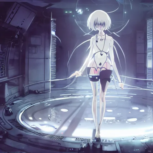 Image similar to Rei Ayanami, female anime character, technological rings, inside a space station, shot from the ground by Yoshiyuki Sadamoto, environment concept, digital art, trending on artstation, low level, 4K UHD image, octane render, Howl's Moving Castle, tranquil divine observer Nymph by ismail inceoglu nicola samori dragan bibin hans thoma greg rutkowski Alexandros Pyromallis Nekro Rene Margitte illustrated, official anime key media