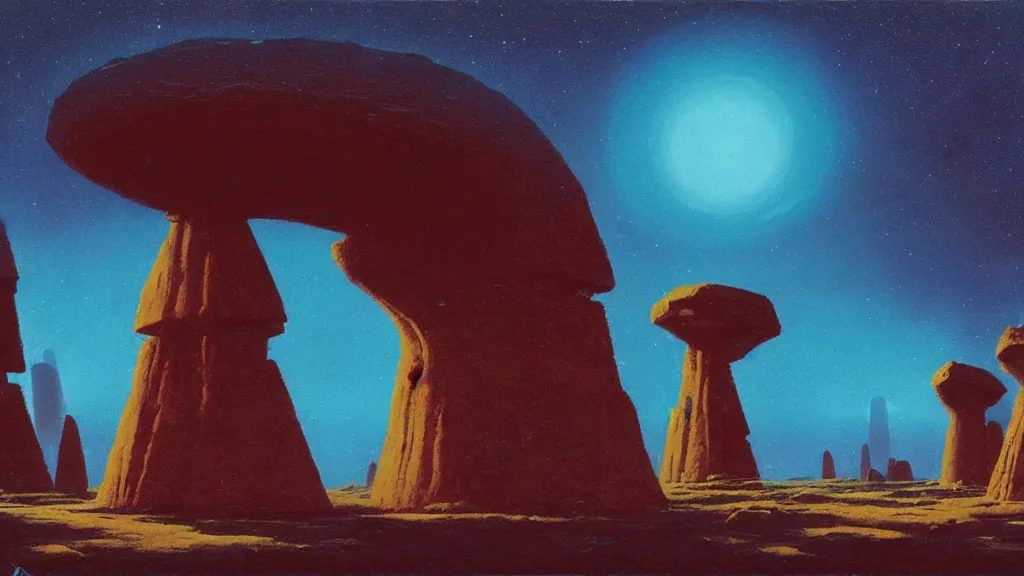 Image similar to mysterious megaliths of an alien civilization by paul lehr and john schoenherr, cinematic matte painting