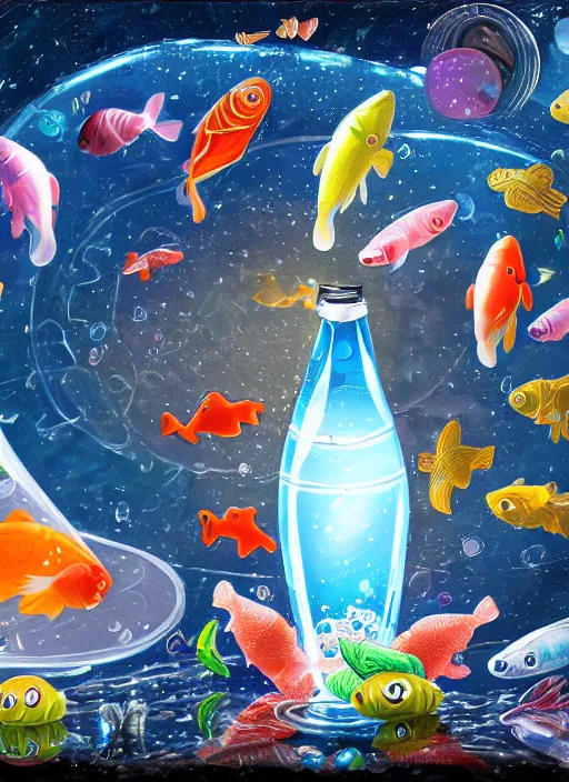 Prompt: the space closed in a bottle of water filled with fishes, trending on art station, very detailed, detailed background