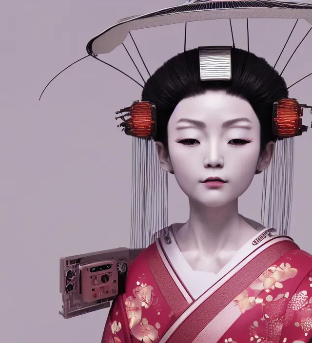 Image similar to portrait of a beautiful japanese robotic geisha with wires and actuators, dramatic lighting, hyper - realistic, ultra - realistic, intricate details, japanese model, 8 k ultra high definition, octane render