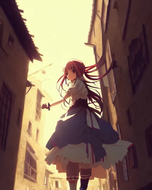 Image similar to pixiv, key anime visual portrait of a young female walking through a medieval village, dynamic pose, dynamic perspective, cinematic, dramatic lighting, detailed silhouette, film grain, yoshitaka amano, tending on artstation, face by yoh yoshinari, detailed, intricate