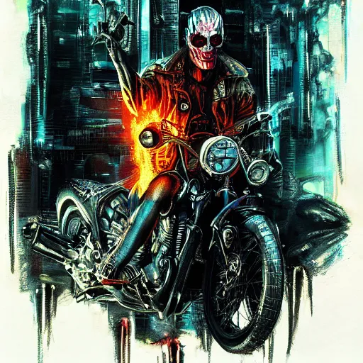 Image similar to ghost rider, cyberpunk, extremely detailed concept art, oil painting, airbrush painting, caustic, dark saturated colors, vapor wave, terrifying masterpiece, maximalist, full body portrait, black background, horror, by Ralph Steadman, by Giger, by Alexander McQueen