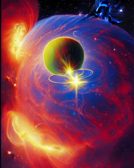 Image similar to cosmic tennis player serving a tennis ball in a nebula, an oil painting, by ( leonardo da vinci ) and greg rutkowski and rafal olbinski, award - winning magazine cover