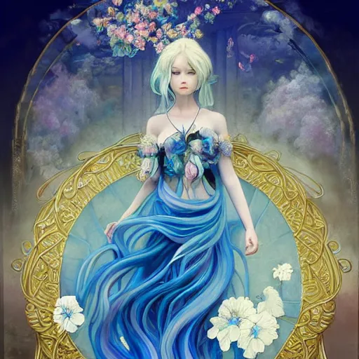 Prompt: breathtaking detailed painting by pilyeon and teffish on artstation, a full shot queen with long flowing bright blue hair, gauze dress and pastel flowers petals and golden tumultuous clouds, symmetrical facial features, at dawn in front of a pristine golden art nouveau cathedral, elegant, highly detailed, artstation, concept art, matte, sharp focus,