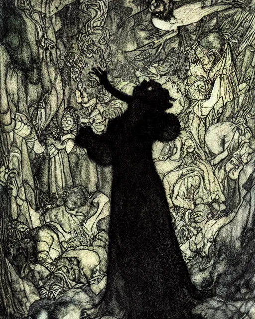 Prompt: a person conjuring!!! an image!!! from of noise!!!, by arthur rackham, maxfield parrish, and larry elmore, bright technicolor, intricate, chaotic, fantasy realism, hopeful, volumetric lighting