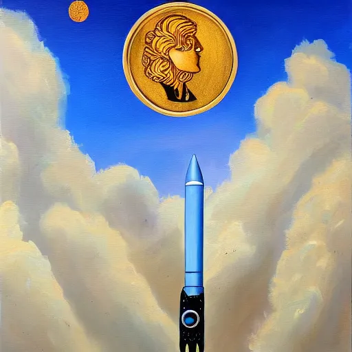 Image similar to a painting of a giant coin on top of a rocket shooting towards the moon