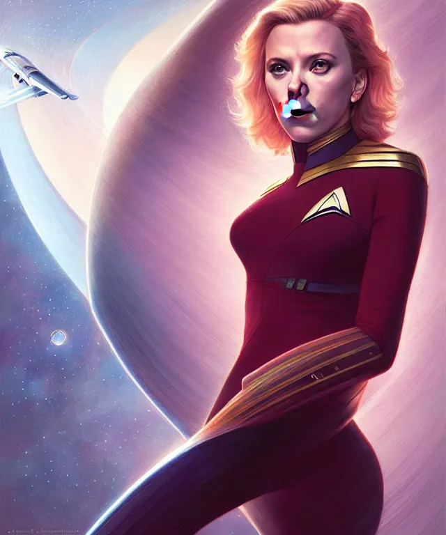 Image similar to Scarlett Johansson is the captain of the starship Enterprise in the new Star Trek movie, art nouveau,elegant, highly detailed, sharp focus, art by Artgerm and Greg Rutkowski