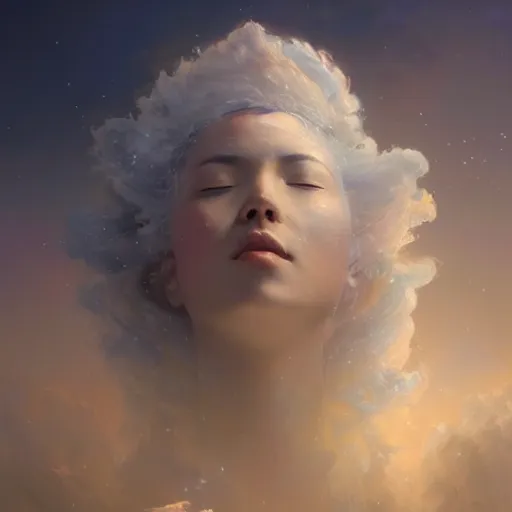 Prompt: a beautiful portrait of a cloud goddess with numerous tiny birds flying in the background and closed eyes, galaxy theme colors, galaxy theme colors, ultra realistic digital art by Greg Rutkowski and Raymond Swanland, Trending on Artstation, ultra realistic digital art, ultra realistic digital art