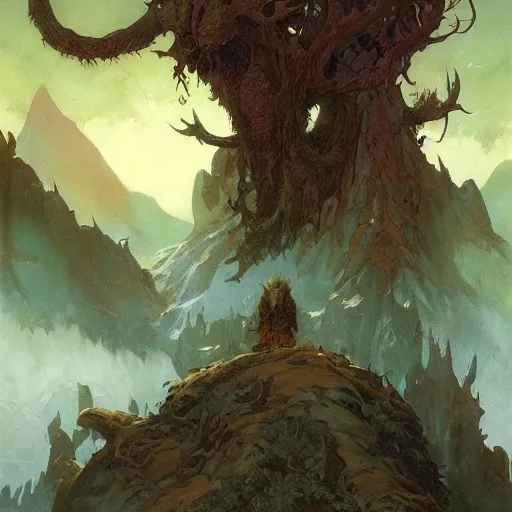 Prompt: a druid at the beginning of the world by alan lee and peter mohrbacher and frank frazetta and mike mignola