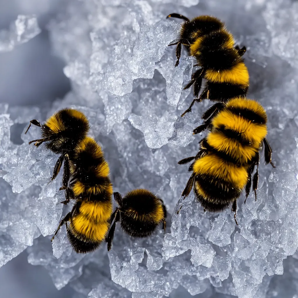 Image similar to a nature photograph macro shot of a bumblebee pollinating a frozen ice flower. snow in the background