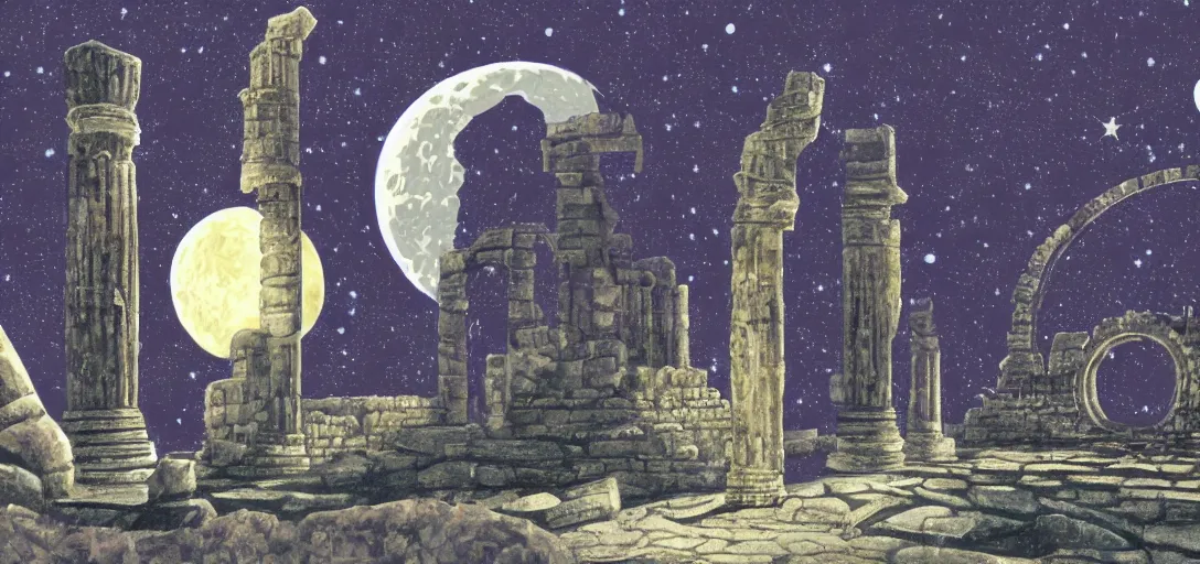 Image similar to The ruins of the Silver Millennium on the moon from Sailor Moon, digital painting, planet Earth in the distance, Greek-esque columns and ruins