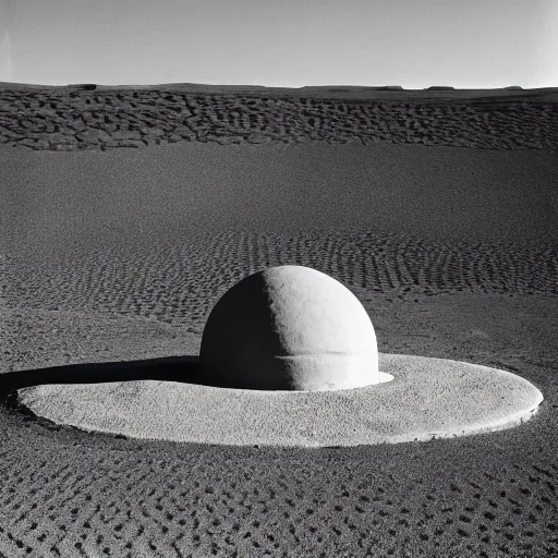 Prompt: a Non-Euclidean orb-like clay building sitting in the desert, vintage photo, beautiful cinematography, blue sky, film grain, extreme wide shot, far away, symmetrical, in the distance, James Turrell