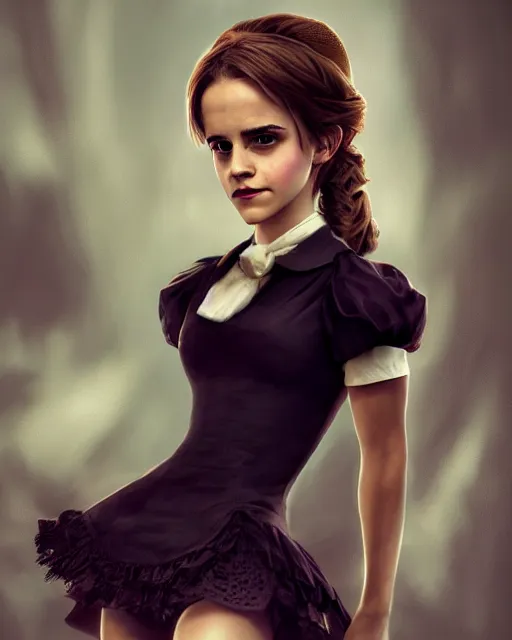 Prompt: full shot portrait painting of very beautiful emma watson standing still hot black maid in stockings neckline, character design by mark ryden and pixar and hayao miyazaki, unreal 5, daz, hyperrealistic, octane render, cosplay, rpg portrait, dynamic lighting, intricate detail, harvest fall vibrancy, cinematic