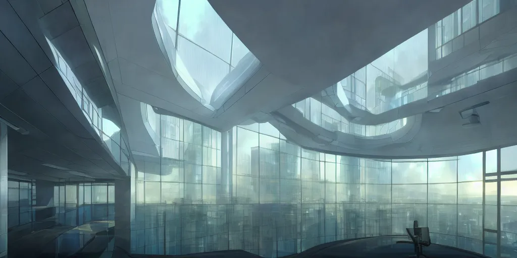 Prompt: A futuristic office building, glass, reflections, volumetric lighting, dynamic lighting, muted colors, by Greg rutkowski, thomas kinkade, Andreas rocha, john howe, pixar, f16, hd, 4k