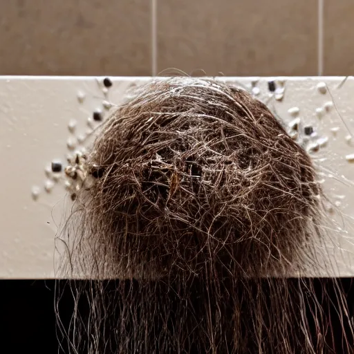 Image similar to mess of hair hairball on shower wall. tangled strands of hair. hair fell off a human and she stuck it to the wall.