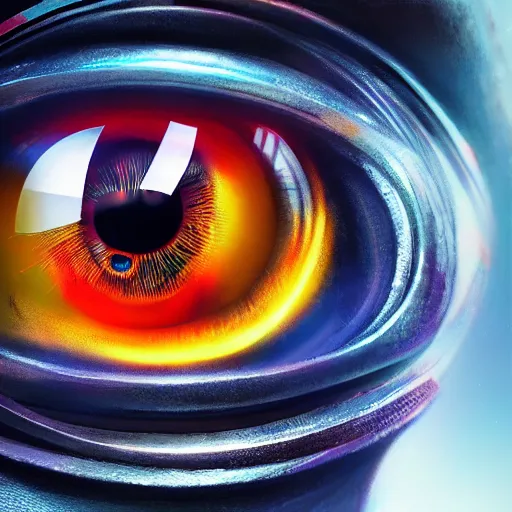 Prompt: Robot Eye, close up, colorful, fantasy, vivid colors, concept art, sharp focus, digital art, Hyper-realistic, 4K, Unreal Engine, Highly Detailed, HD, Dramatic Lighting by Brom, trending on Artstation