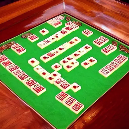 Prompt: mahjong game with raisins on the table. green velvet table. smiles