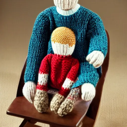 Image similar to Knitted yarn doll Ryan Gosling sits on a rocking chair, realism, proportions,