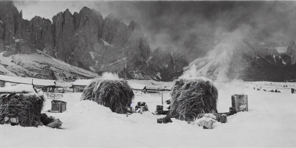 Image similar to 1 9 2 0 s photography of krampus hay monster burning on a pyre, submerged in snow, alpine huts and dolomites in background