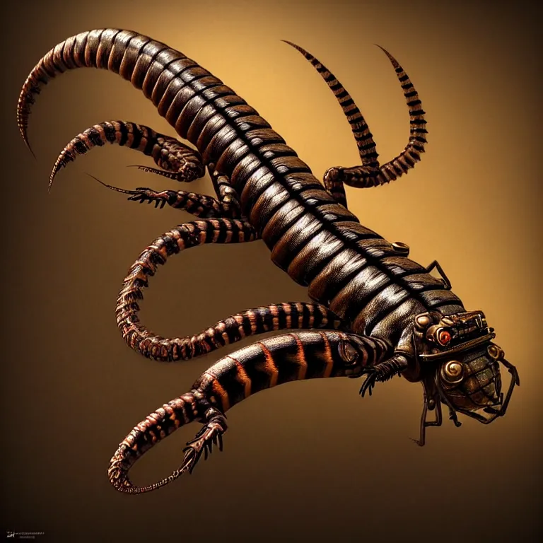 Prompt: steampunk scolopendra, 3 d model, unreal engine realistic render, 8 k, micro detail, intricate, elegant, highly detailed, centered, digital painting, artstation, smooth, sharp focus, illustration, artgerm, tomasz alen kopera, wlop