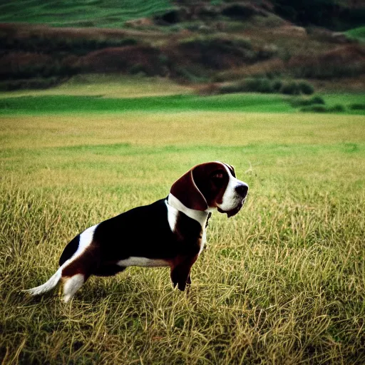 Prompt: beagle in a field, movie still, photography, DSLR 35mm, low light photography,