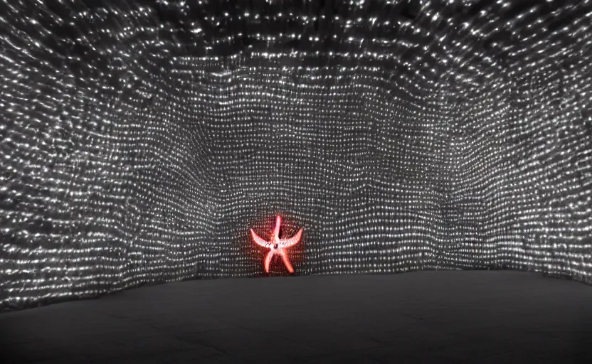 Image similar to light coming out of one starfish - like kaiju anthropomorphic monster, korean film noir by kim jong - il, korean traditional palace, pyongyang city, 1 9 6 0 s, red color bleed, 4 k, video compression, video glitch, monochrome, akira kurosawa, mamoru oshii, wes anderson, stanley kubrick