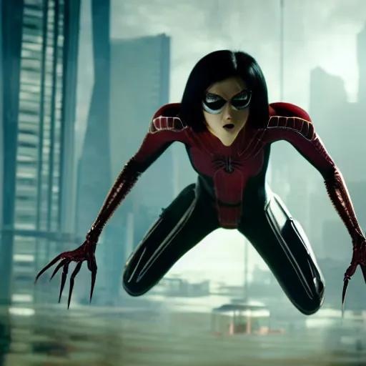 Image similar to cinematic still of spiderwoman in alita : battle angel ( 2 0 1 9 ), xf iq 4, f / 1. 4, iso 2 0 0, 1 / 1 6 0 s, 8 k, raw, dramatic lighting, symmetrical balance, in - frame