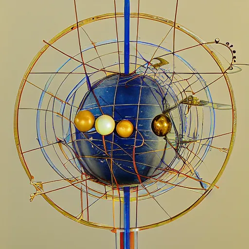 Prompt: a kinetic sculpture of this solar system, sun, orrery, canon 5 d 5 0 mm lens, papier - mache, studio, circa 1 9 9 9