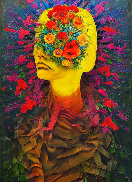 Prompt: a painting of a man with a strange hat on his head, a surrealist painting by Szymon Kot, behance contest winner, metaphysical painting, made of flowers, oil on canvas, detailed painting