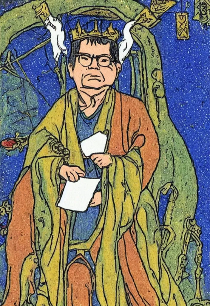 Prompt: Yann LeCun sitting on the throne on a tarot card, illustrated on the Rider–Waite tarot.