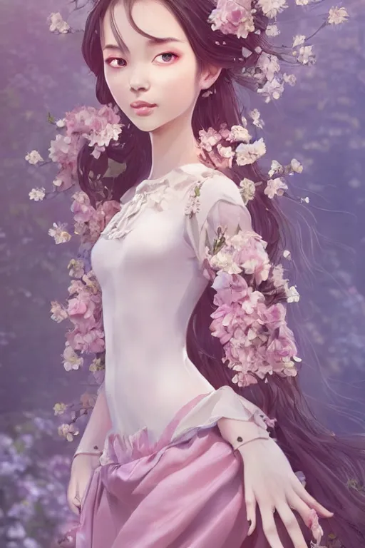 Image similar to romantic and fashion and love princess of the flower with sheath dress, 8 k realistic, teenager girl, baroque, symmetrical, flowing hair, smile, trending pinterest and pixiv, muted colors, hyperrealistic, l close up shot, character concept art, face by kyoung hwan kim, alexandra fomina, ilya kuvshinov