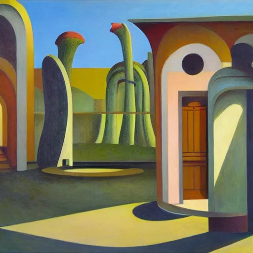 Image similar to biomorphic architecture, fantastical courtyard, grant wood, pj crook, edward hopper, oil on canvas