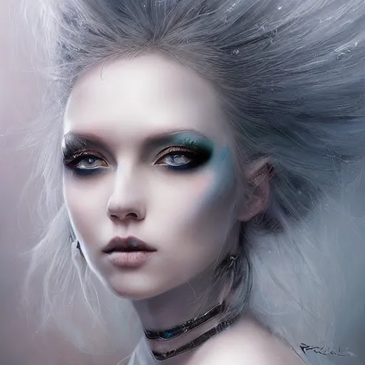 Image similar to a beautiful portrait of kerli koiv with pastel goth makeup, a detailed painting by greg rutkowski and raymond swanland and luis royo, featured on cgsociety, grimdark art, detailed painting, artstation hd, photorealistic