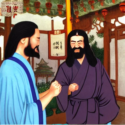 Prompt: confucius, lao tzu, jesus drinking tea in a chinese tea house, happy, smiling, fist bumping