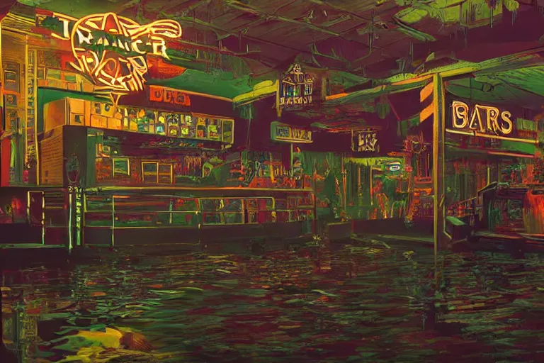 Image similar to scene from louisiana swamps, bar, neon cross, voodoo, 8 k, hyper detailed, artwork by tim eitel