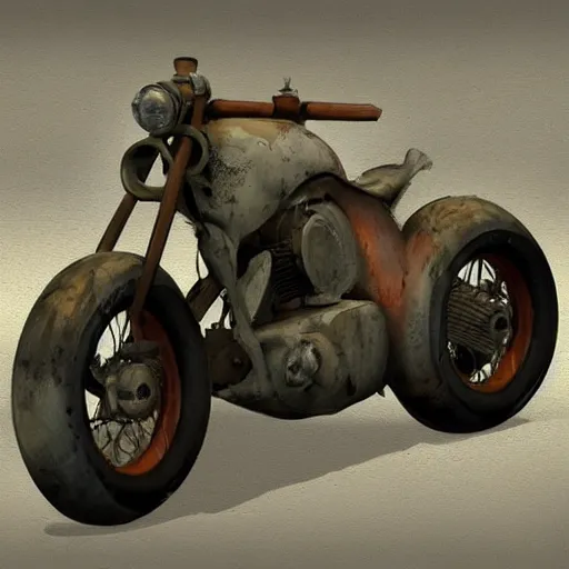 Prompt: Rustic homemade chopper motorcycle, styleframe, concept art, artstation, madmax, brush texture, painted with oil, cartoon network