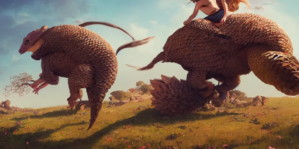 Prompt: rosalia riding a pangolin, colorful, contrast, depth of field, 3 d scene, render, greg rutkowski, zabrocki, karlkka, jayison devadas, trending on artstation, 8 k, ultra wide angle, zenith view, pincushion lens effect