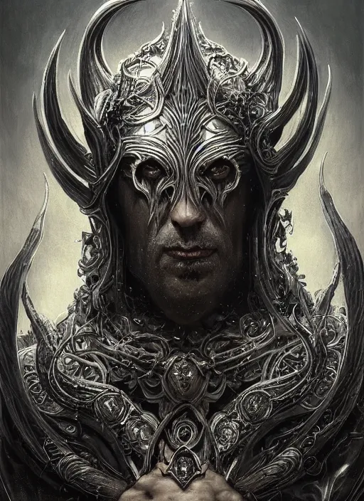 Image similar to full portrait of priestking of the old gods, black metal shiny skin. intricate, elegant, highly detailed, centered, digital painting, artstation, concept art, smooth, sharp focus, illustration, artgerm, tomasz alen kopera, peter mohrbacher, donato giancola, joseph christian leyendecker, wlop, frank frazetta