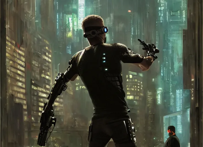 Prompt: cyberpunk sam fisher knocking out a guard ( blade runner 2 0 4 9, dystopian, cyberpunk 2 0 7 7 character design ). orientalist portrait by john william waterhouse and james gurney and theodore ralli and nasreddine dinet, oil on canvas. cinematic, hyper realism, realistic proportions, dramatic lighting, high detail 4 k