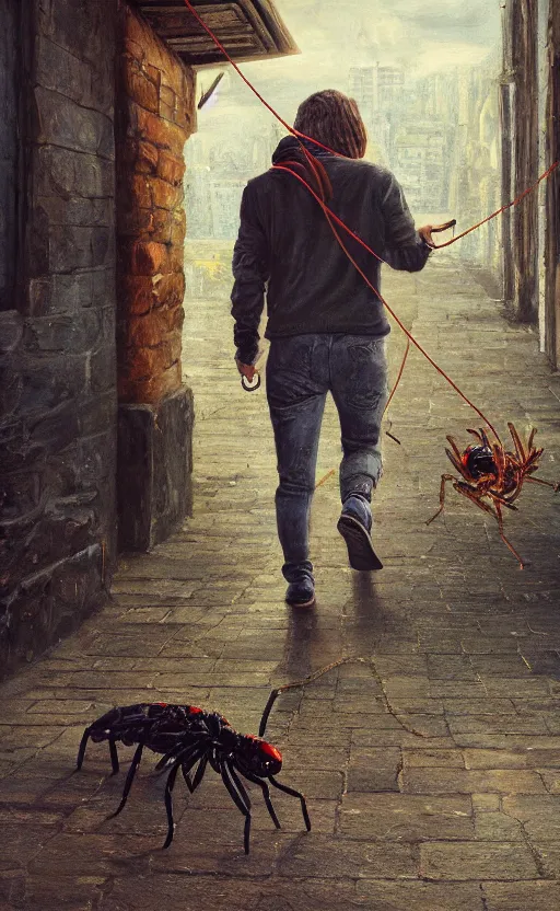 Prompt: beautiful intricate photorealistic painting of a man walking his pet spider on a leash. vibrant, high quality, very funny, beautiful, hq. hd. 4 k. award winning. trending on artstation